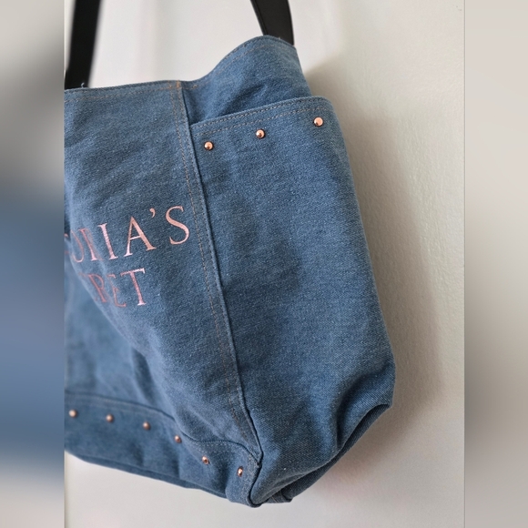 Victoria's Secret Y2K Denim Tote Bag Blue Jean Rose Gold Studded Bag - Picture 2 of 5